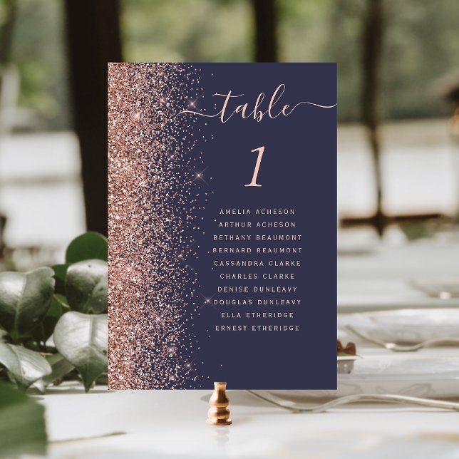 Dark Blue Rose Gold Glitter Wedding Table Number (Creator Uploaded)
