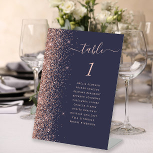 Dark Blue Rose Gold Glitter Wedding Table Number Pedestal Sign
