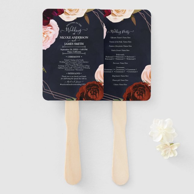 Dark Blue & Rose Gold Modern Rustic Floral Wedding Hand Fan (Front and Back)