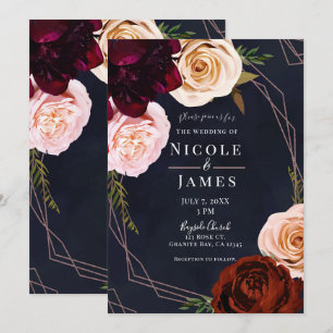 Dark Blue & Rose Gold Modern Rustic Floral Wedding Invitation
