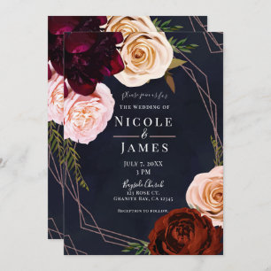 Dark Blue & Rose Gold Modern Rustic Floral Wedding Invitation