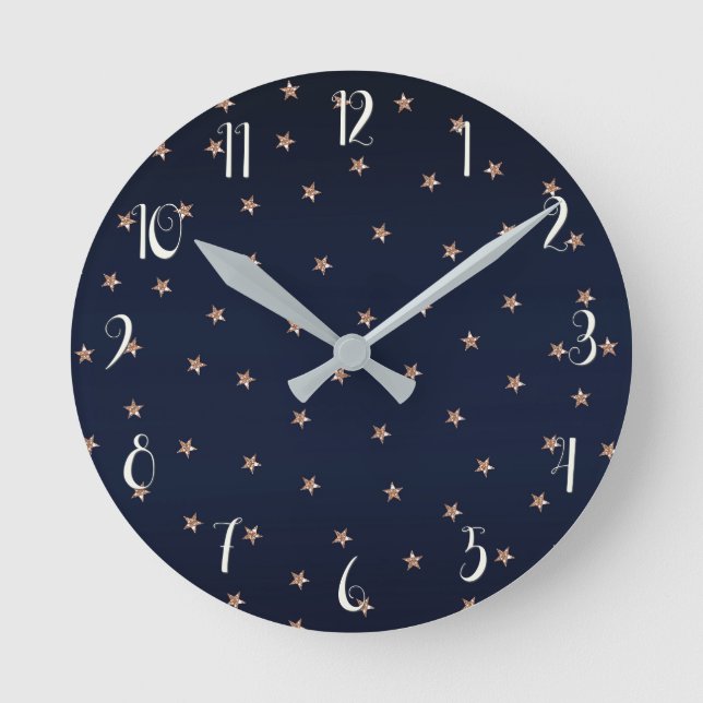 Dark Blue & Rose Gold Pink Glittery Stars Starry Round Clock (Front)