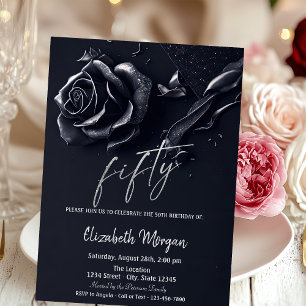 Dark Blue Rose Gothic 50th Birthday  Invitation