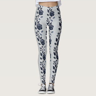Dark Blue Roses With Silvery Leaves Leggings