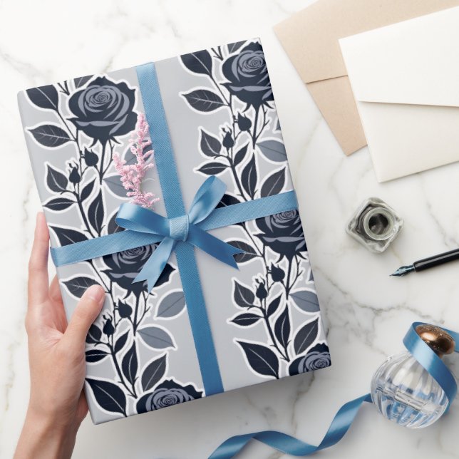 Dark Blue Roses With Silvery Leaves  Wrapping Paper (Gifting)