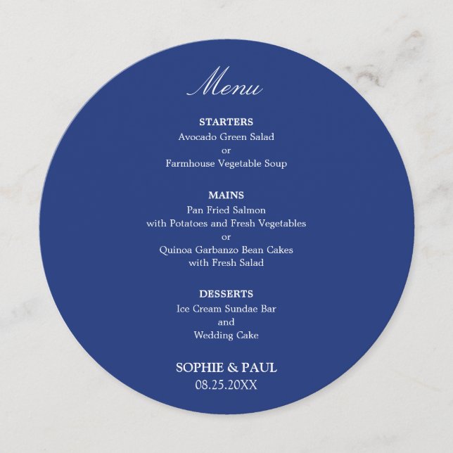 Dark Blue Round Wedding Menu (Front)
