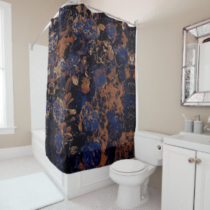 Dark Blue Rust Graphic Roses Floral Shower Curtain