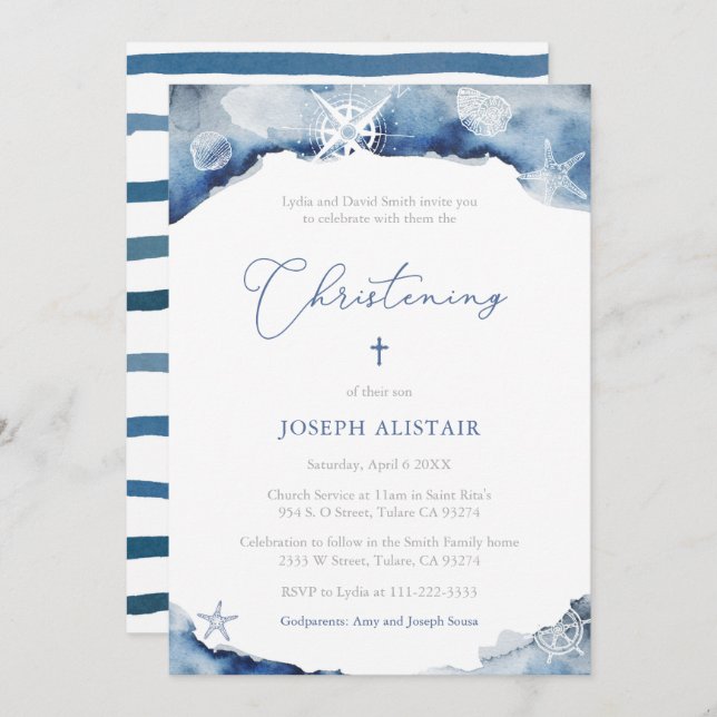 Dark Blue Sailing Christening Celebration Party Invitation (Front/Back)