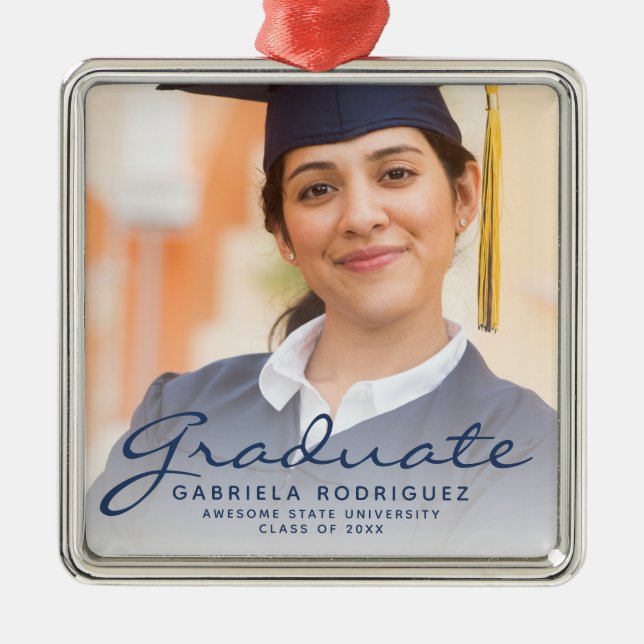 Dark Blue Script Photo Graduation Keepsake Metal Ornament (Front)