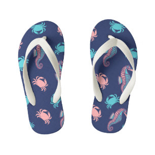 Dark Blue Seahorse and Crab Kids Flip Flops