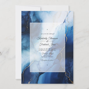 Dark Blue, Silver and White Ink Wedding Invitation