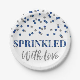 Dark Blue Silver Confetti Sprinkled with Love Paper Plate