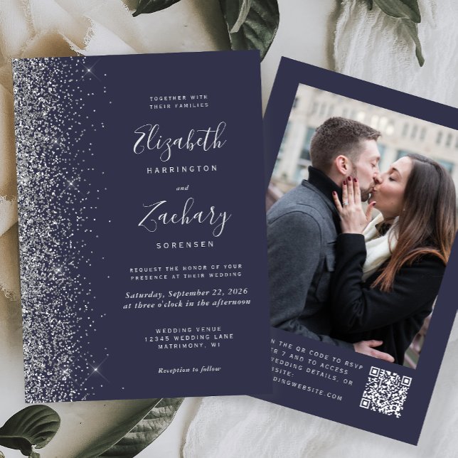 Dark Blue Silver Glitter Photo QR Code Wedding Invitation (Creator Uploaded)
