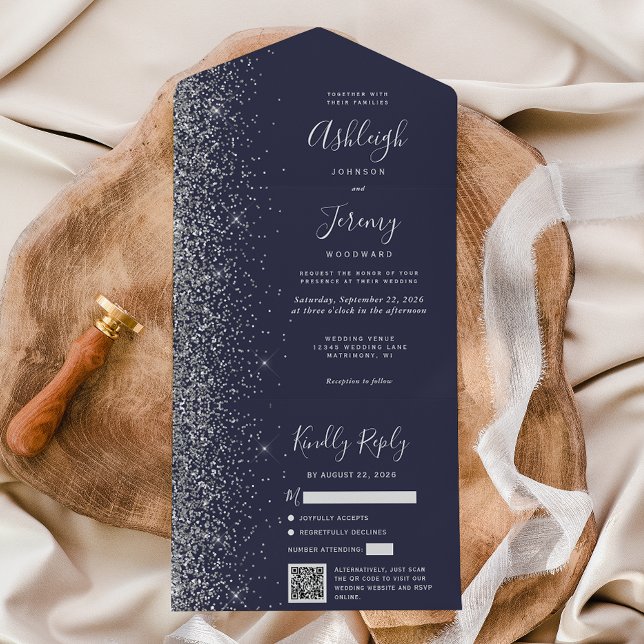 Dark Blue Silver Glitter QR Code Wedding All In One Invitation (Creator Uploaded)