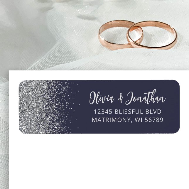 Dark Blue Silver Glitter Wedding Address Return Address Label (Creator Uploaded)