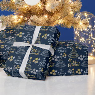 Dark Blue &Silver - Gold Scribble Christmas Tree Wrapping Paper
