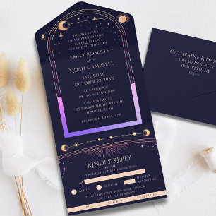 Dark Blue Silver Rainbow Celestial Wedding All In One Invitation
