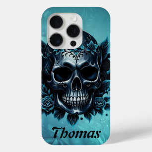 Dark blue skull with roses. iPhone 15 pro case