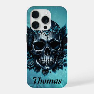 Dark blue skull with roses. iPhone 15 pro case