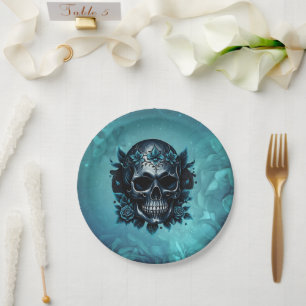 Dark blue skull with roses. paper plate
