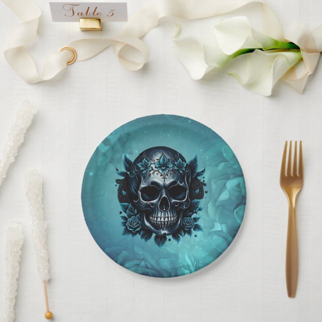 Dark blue skull with roses. paper plate (Wedding)