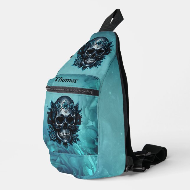 Dark blue skull with roses. sling bag (Right Corner)