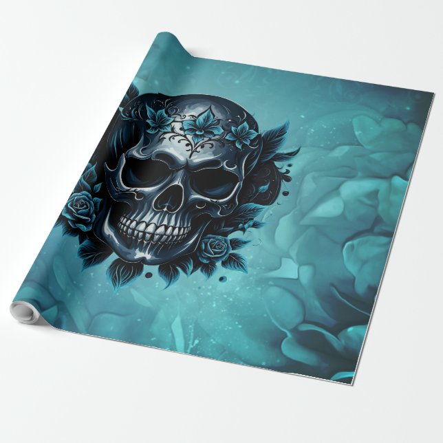 Dark blue skull with roses.  wrapping paper (Unrolled)
