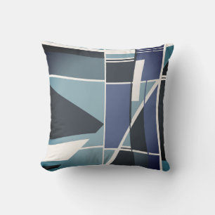 Dark Blue Slate Teal White Geometric Art Abstract Cushion