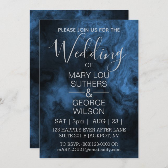 Dark Blue Smoked Marble Wedding Invitation (Front/Back)