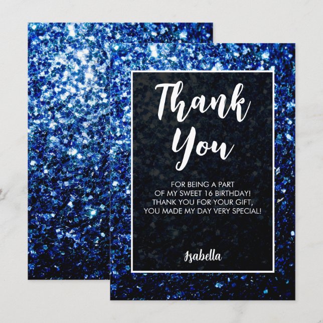 Dark blue sparkles Sweet 16 elegant script Thank You Card (Front/Back)
