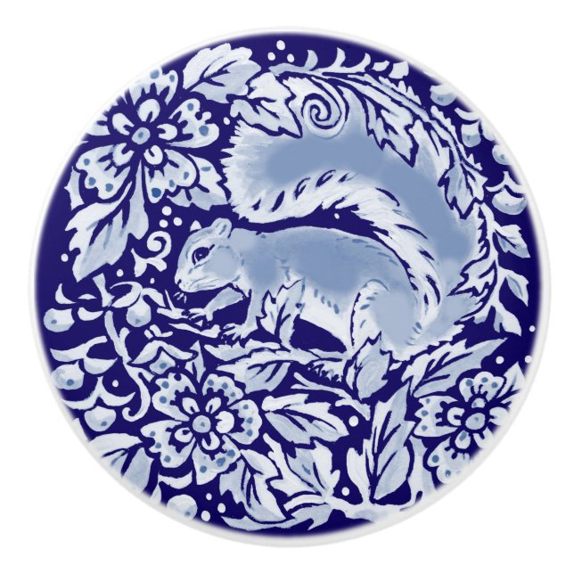 Dark Blue Squirrel Woodland Animal Floral Cobalt  Ceramic Knob (Front)