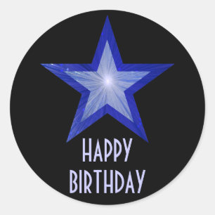 Dark Blue Star 'Happy Birthday' round black Classic Round Sticker