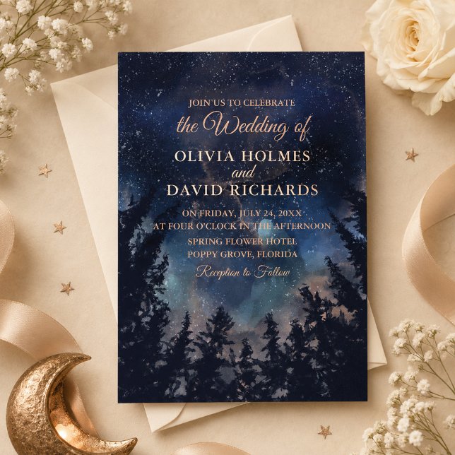 Dark Blue Starry Night Rose Gold Wedding (Dark Blue Starry Night Rose Gold Wedding Foil Invitation on an elegant celestial wedding table)