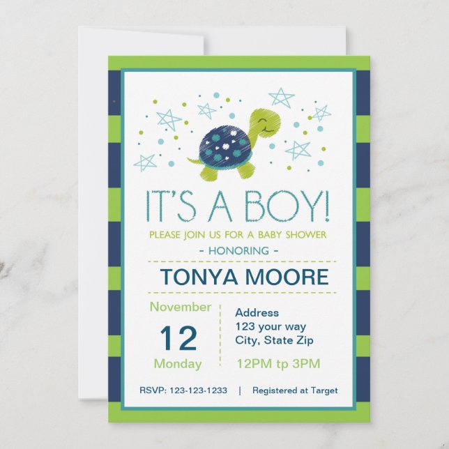 Dark Blue Stripe Turtle Baby Shower Invitation (Front)