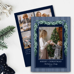 Dark Blue Stripes Christmas Bow Garlands 5 Photo Holiday Card