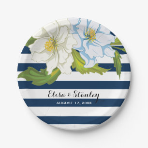 Dark blue stripes & flowers modern floral wedding paper plate