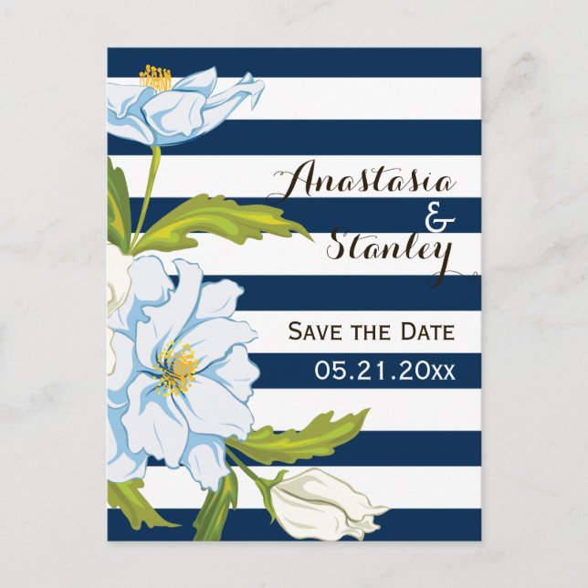Dark blue stripes & flowers wedding Save the Date Announcement Postcard (Front)