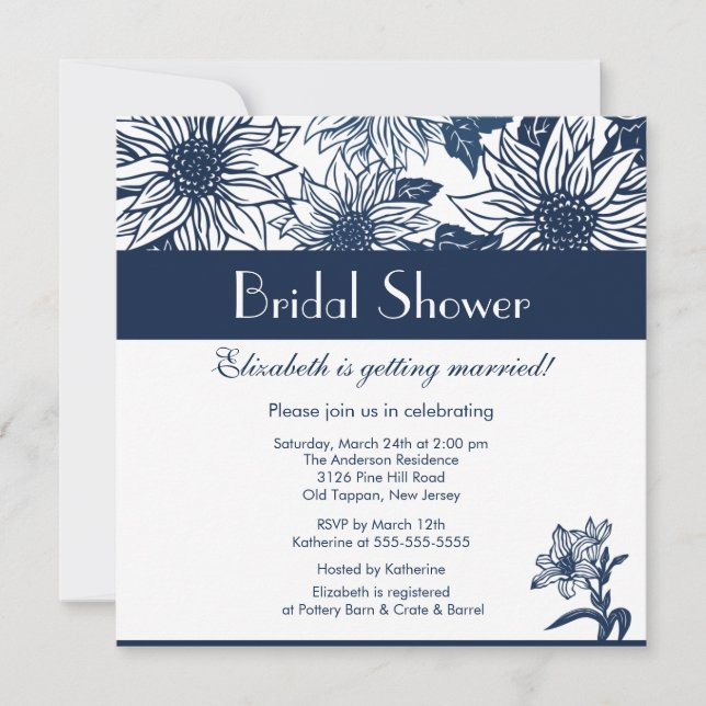 Dark Blue Sunflower Bridal Shower Invitation (Front)