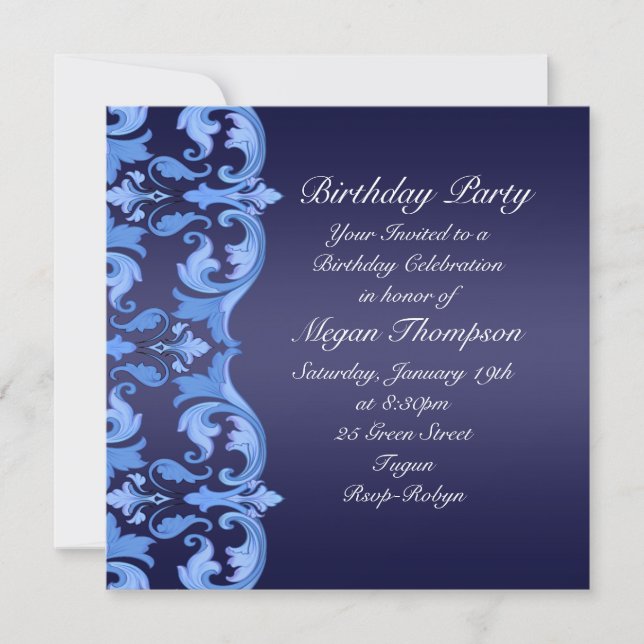 Dark Blue Swirl Damask Birthday Invitation (Front)
