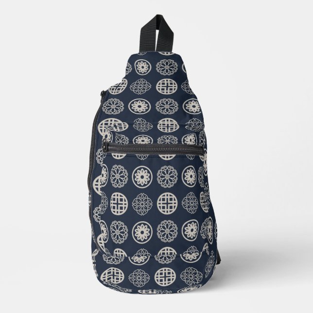 Dark Blue & Tan Japanese Symbols Sling Bag (Front)