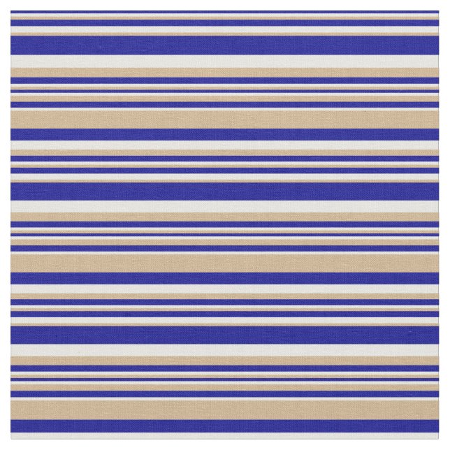 Dark Blue, Tan & Mint Cream Lines Pattern Fabric (Close Up)