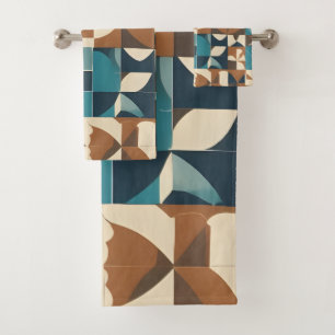 Dark Blue, Teal, Brown, and Tan Geometric Pattern Bath Towel Set