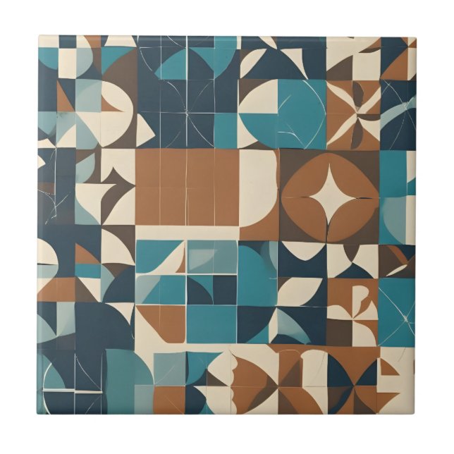 Dark Blue, Teal, Brown, and Tan Geometric Pattern Ceramic Tile (Front)