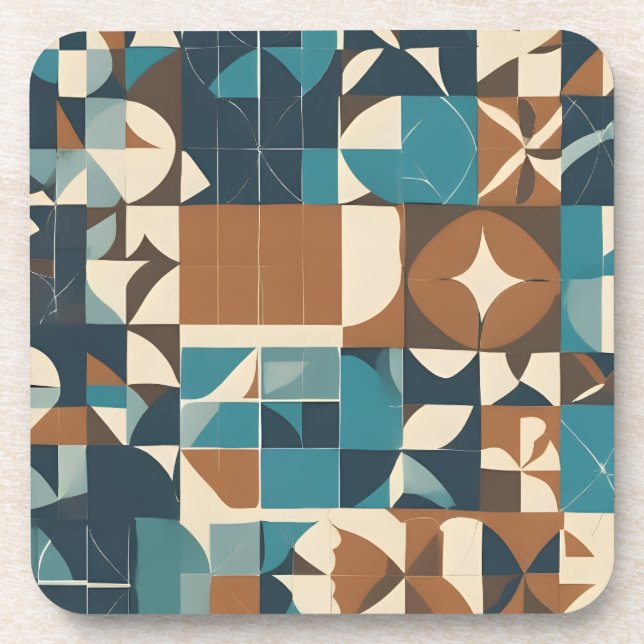 Dark Blue, Teal, Brown, and Tan Geometric Pattern Coaster (Front)