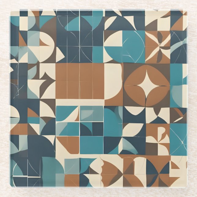 Dark Blue, Teal, Brown, and Tan Geometric Pattern Glass Coaster (Front)