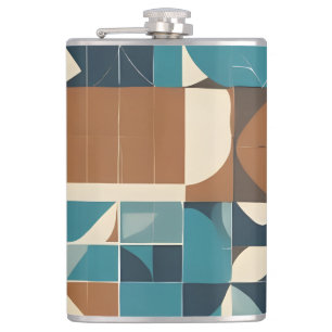 Dark Blue, Teal, Brown, and Tan Geometric Pattern Hip Flask