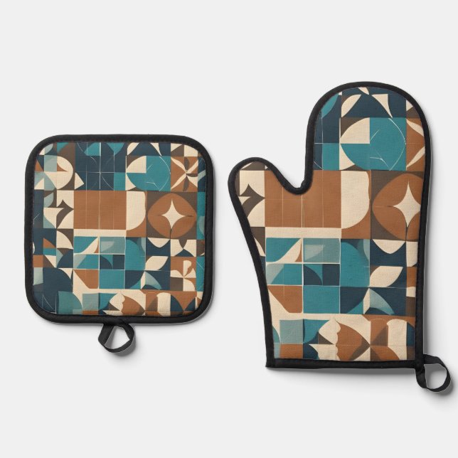 Dark Blue, Teal, Brown, and Tan Geometric Pattern Oven Mitt & Pot Holder Set (Front)