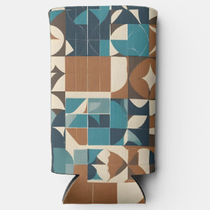 Dark Blue, Teal, Brown, and Tan Geometric Pattern Seltzer Can Cooler