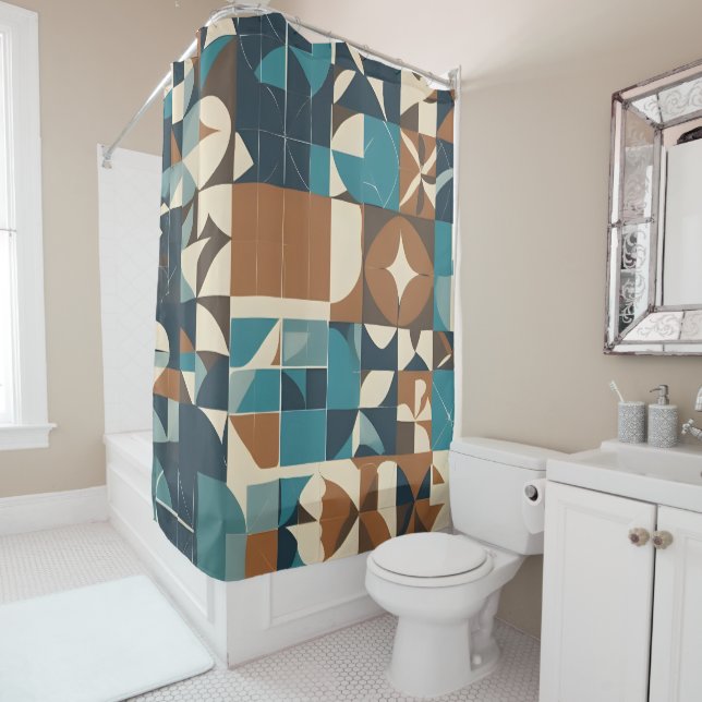 Dark Blue, Teal, Brown, and Tan Geometric Pattern Shower Curtain (In Situ)