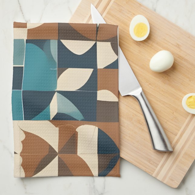 Dark Blue, Teal, Brown, and Tan Geometric Pattern Tea Towel (Quarter Fold)